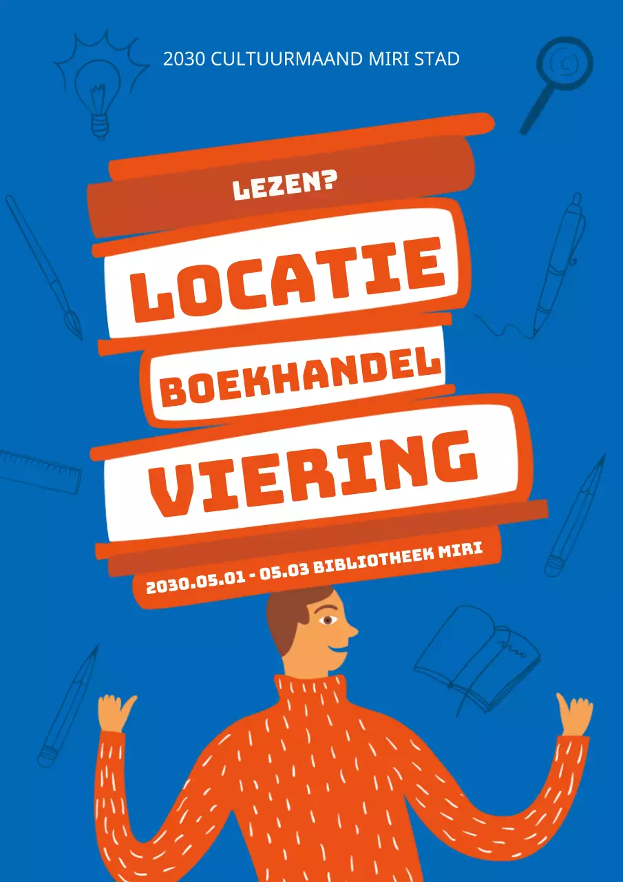 Blauw-oranje illustratiethema met leuke boekwinkelpromoties