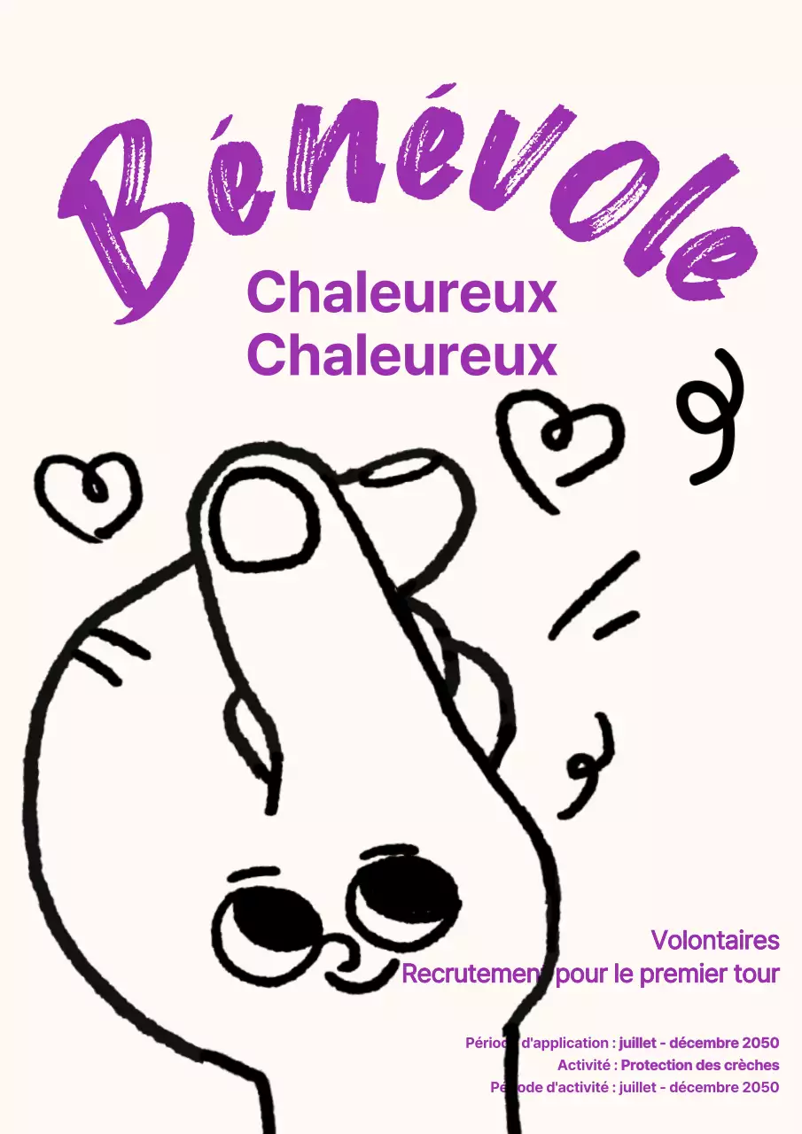 Affiche de recrutement de volontaires avec de jolis cœurs dessinés à la main