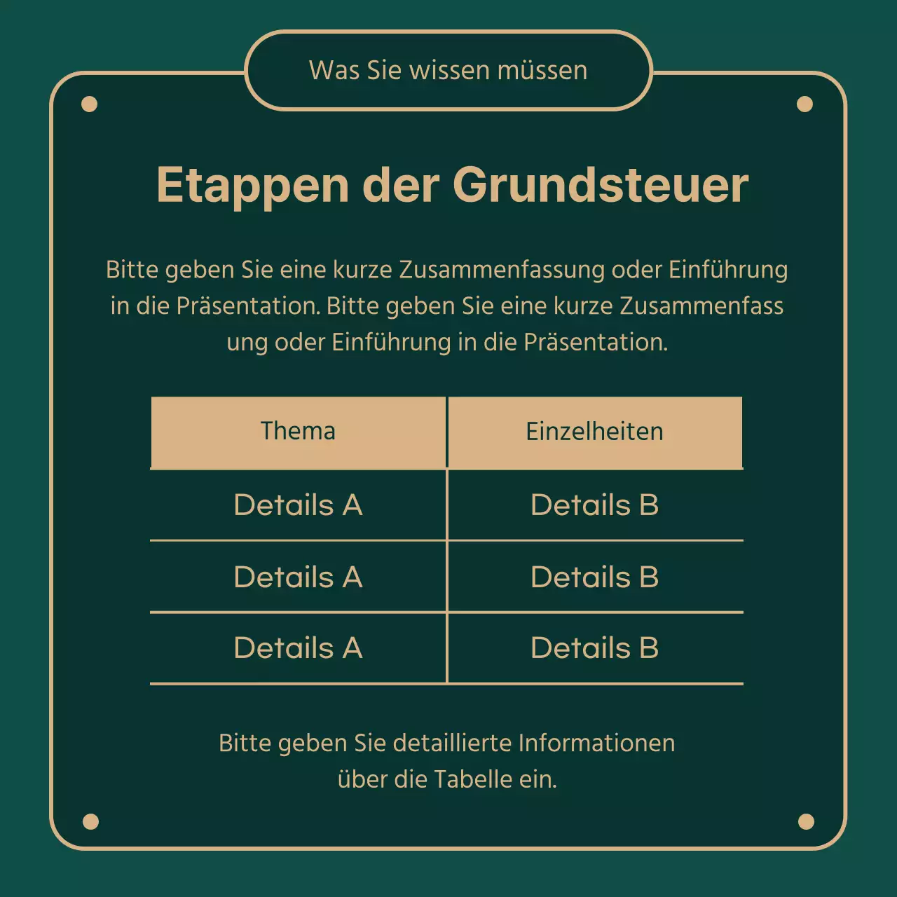 Informationen über die Grundsteuer in grüner (dunkler) und goldener Schrift