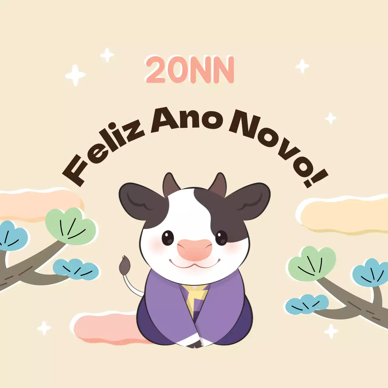 Etiqueta de felicitações de ano novo com ilustração rosa púrpura