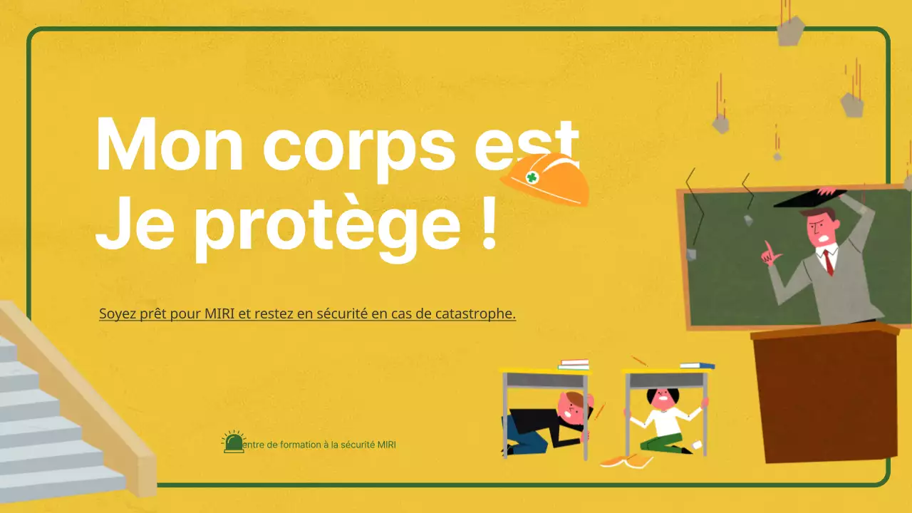 Éducation à la sécurité en matière de préparation aux tremblements de terre et aux catastrophes, à l'aide d'illustrations sur un tableau noir jaune et vert.