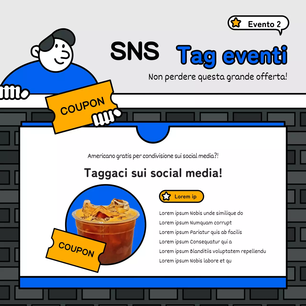 Evento di base e carino in stile illustrazione con accenti blu, rossi e gialli