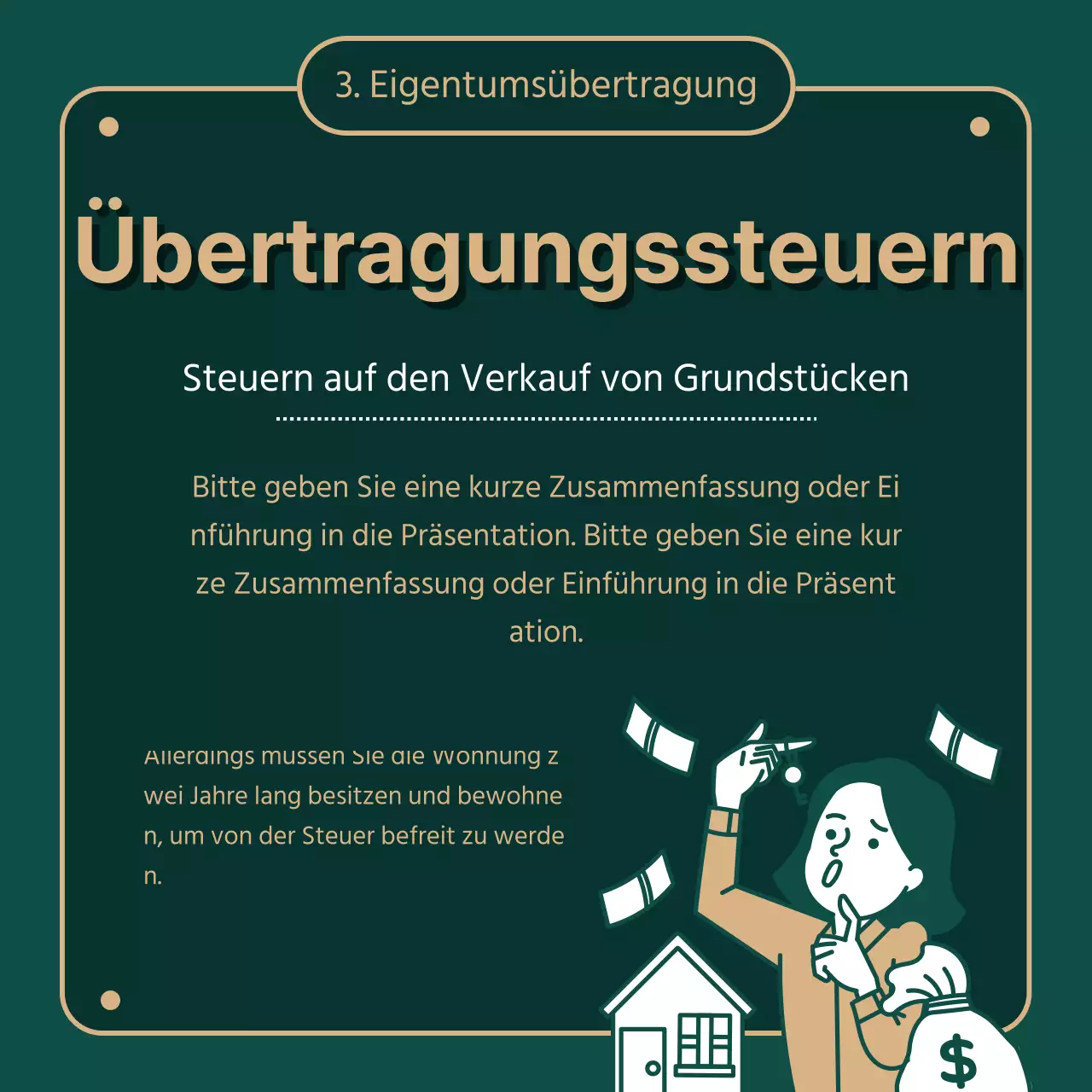 Informationen über die Grundsteuer in grüner (dunkler) und goldener Schrift