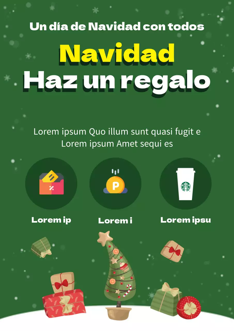 Promocione un evento con una ilustración verde de un regalo y un árbol de Navidad