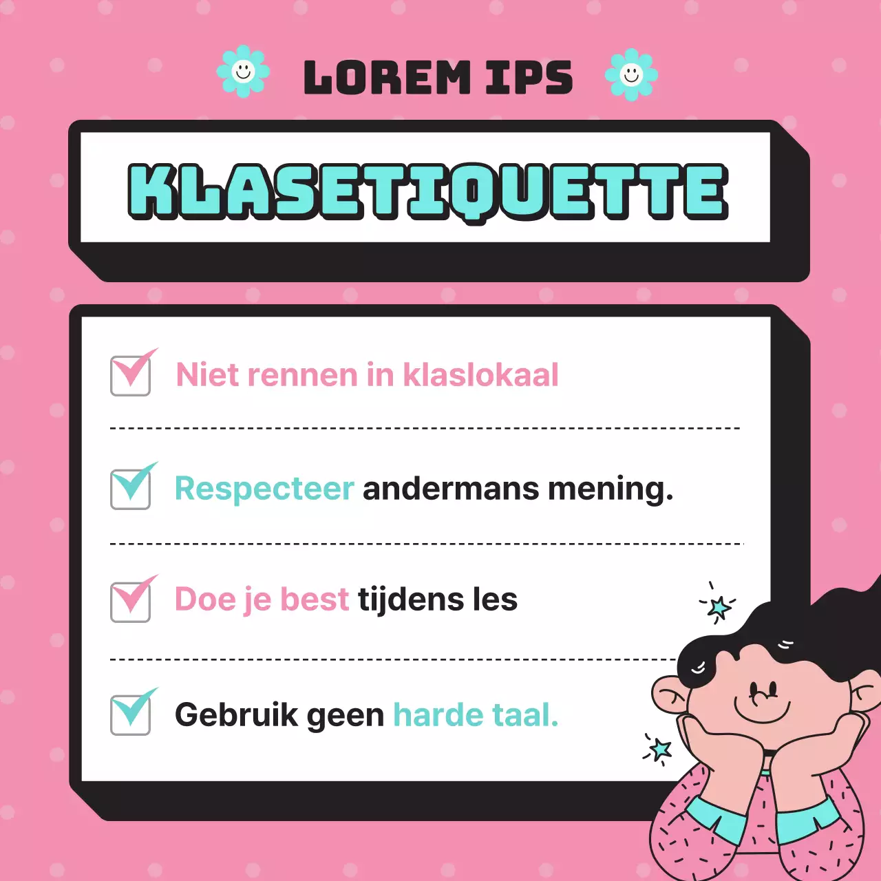 Schattige basisschoolmededeling in blauwe puntkleur op roze puntachtergrond