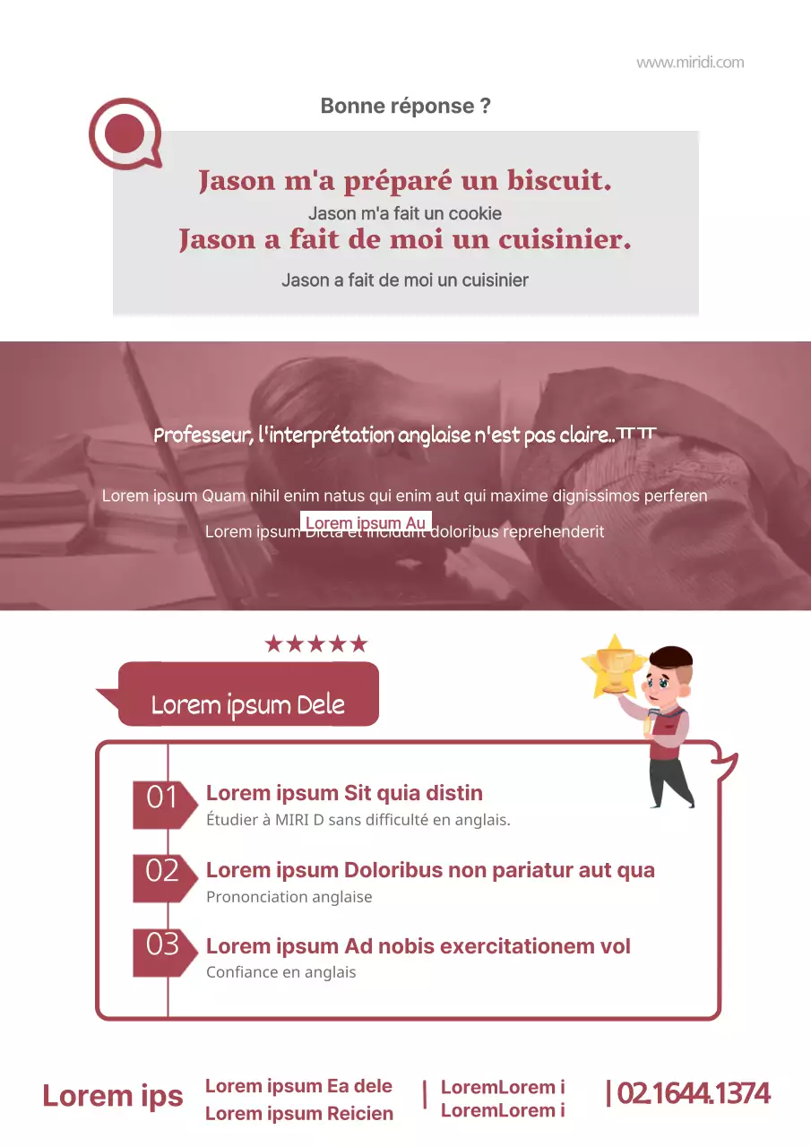 Promotion propre d'une école de langue anglaise avec des photos violettes et des illustrations humaines