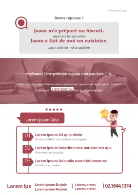 Promotion propre d'une école de langue anglaise avec des photos violettes et des illustrations humaines