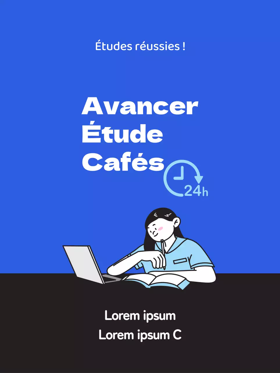 Promouvoir un café d'étude propre avec l'illustration d'un étudiant en train d'étudier sur un fond bleu.