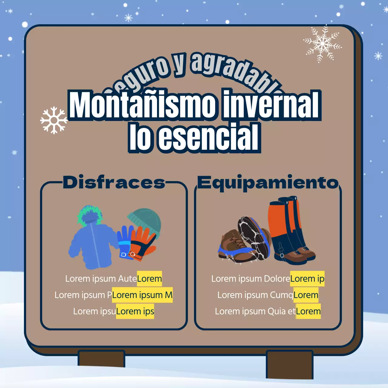 Seguridad invernal en montaña con señales granate y azul claro