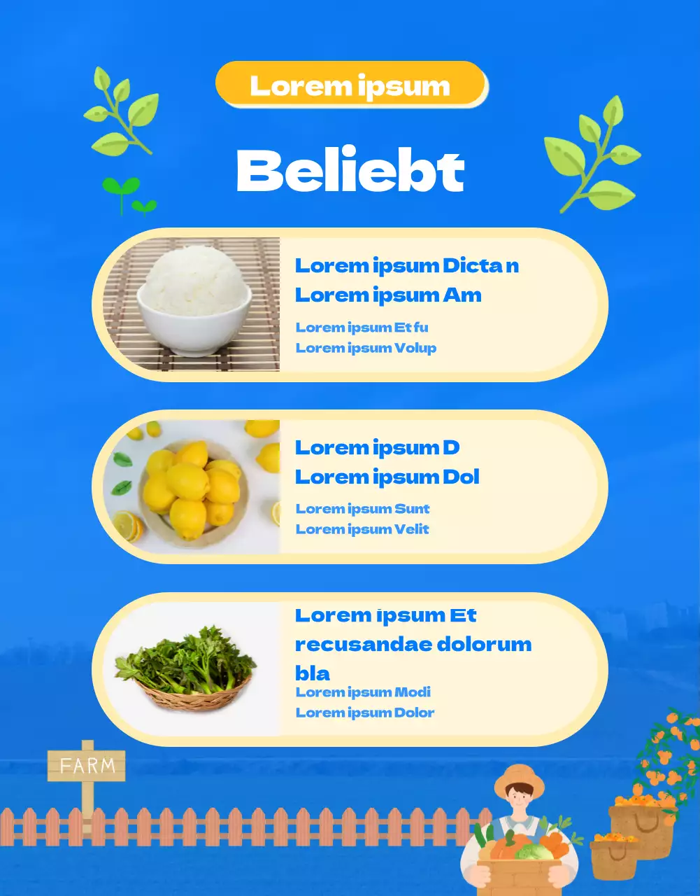 Ein Führer zu einer Blumenkohlfarm mit einem niedlich illustrierten blau-grünen Thema