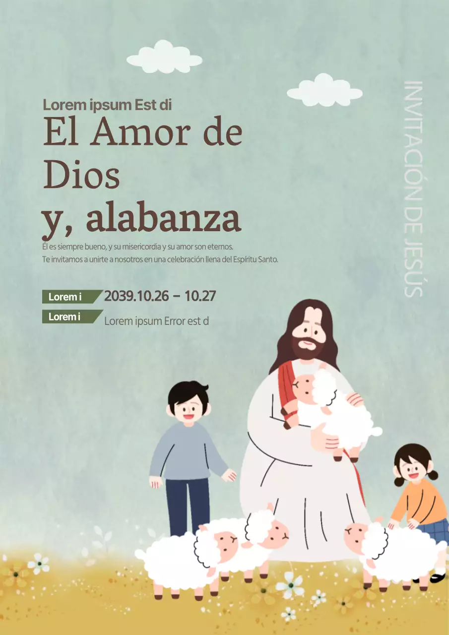 Promocione un festival de la iglesia con una ilustración de Jesús y niños en azul claro.