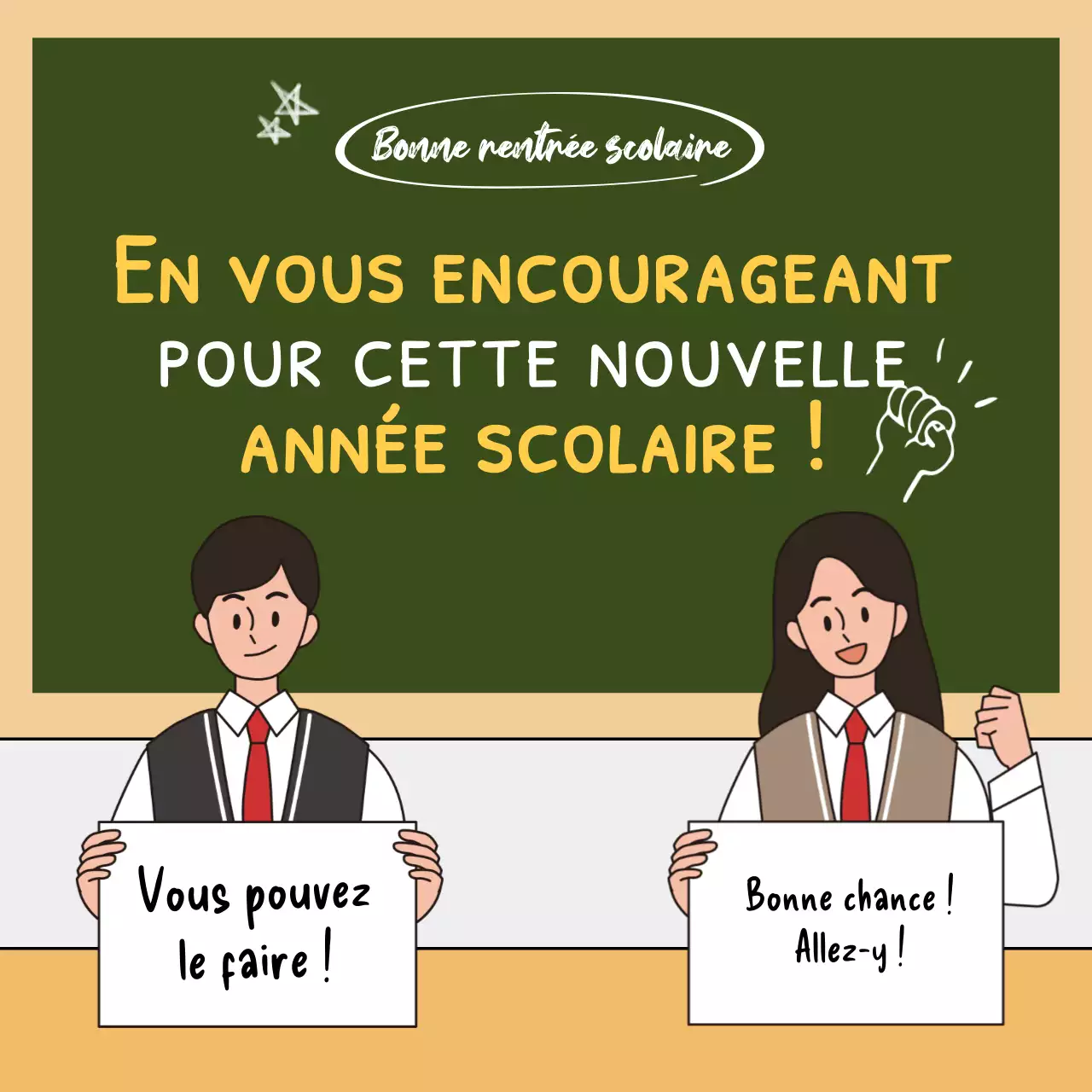 Nouveau semestre, phrase d'encouragement d'un étudiant dans une salle de classe verte, tableau noir, concept d'écriture