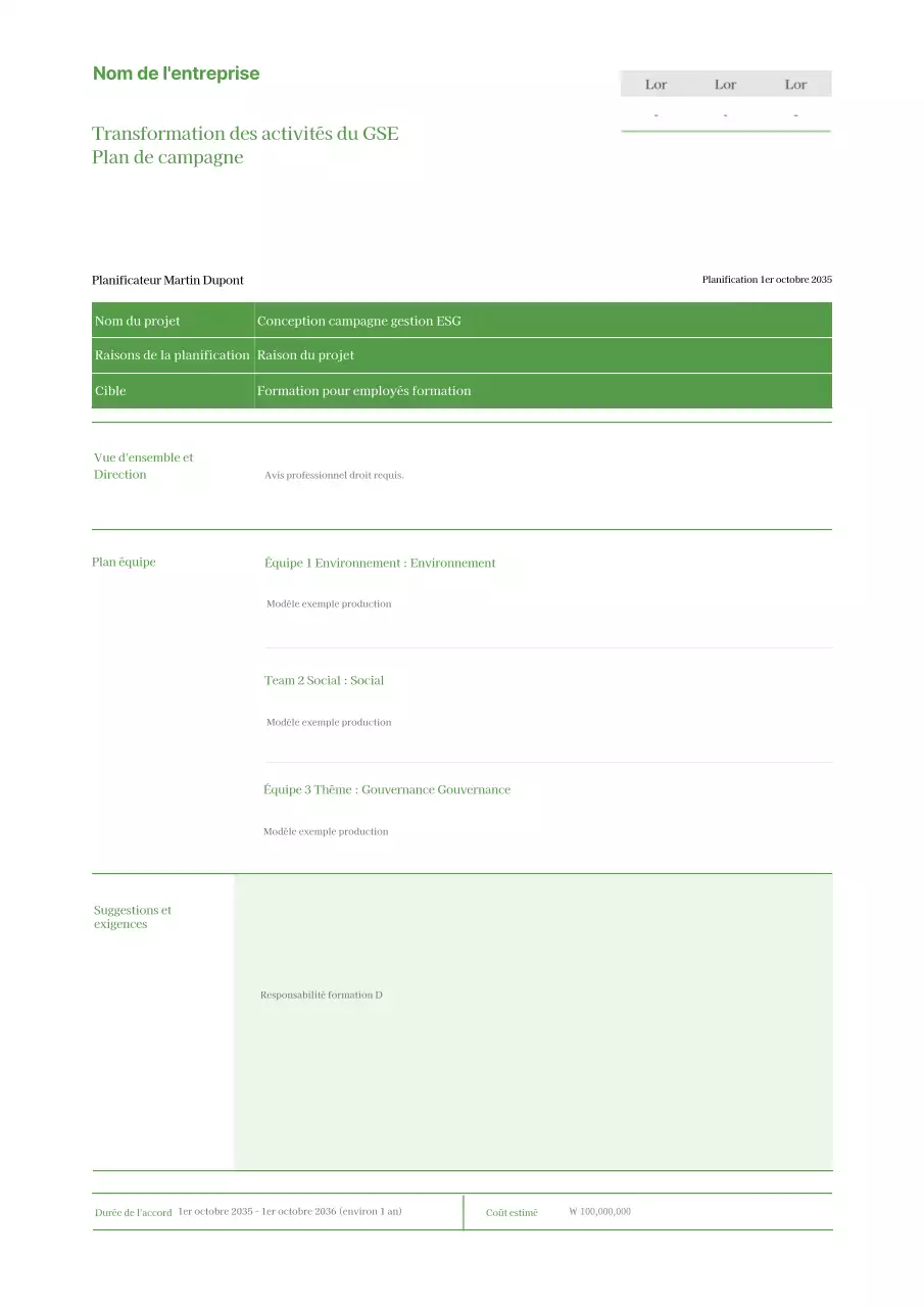 Le plan de base de la campagne de transformation de la gestion du GSE en chartreuse.