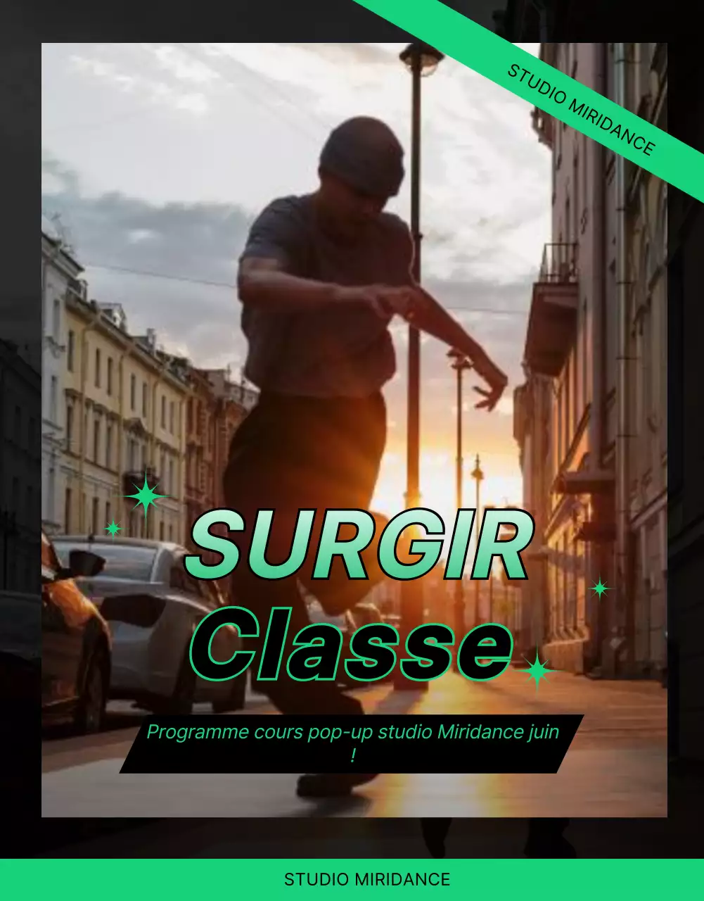 Détails de la classe pop-up de danse en noir et vert