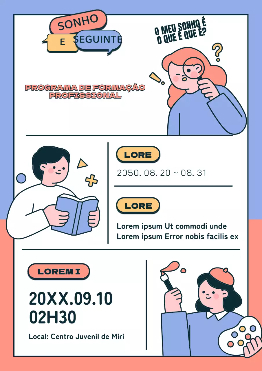 Ilustrações giras em azul claro e cor-de-rosa claro para programas de educação profissional