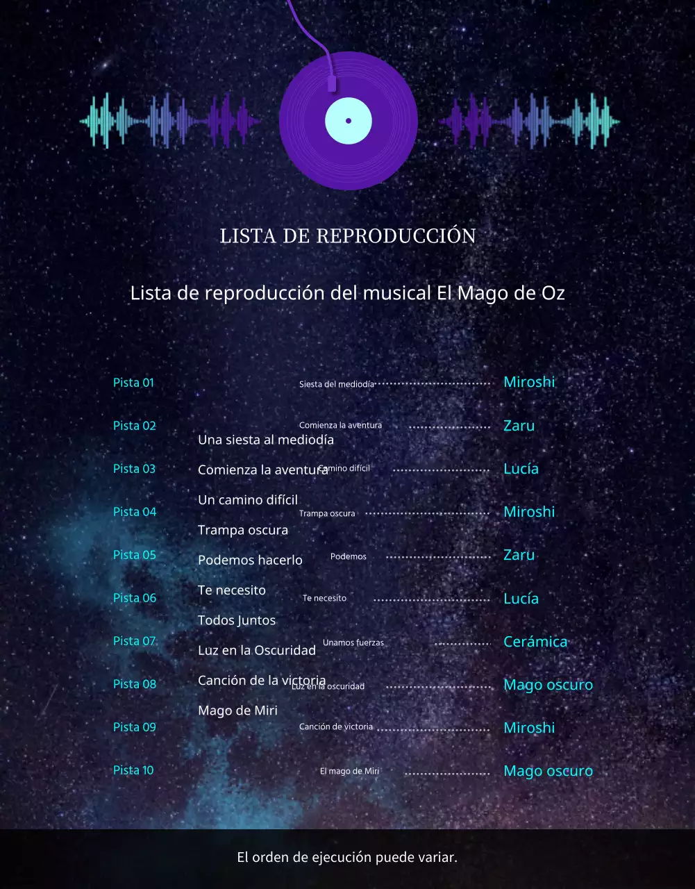 Un mágico musical estrellado en morado y azul