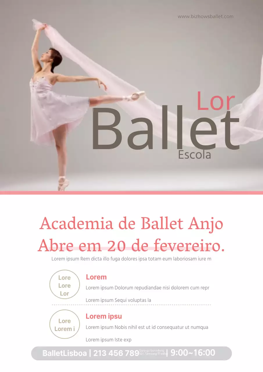 Promover a abertura de uma academia de ballet com uma fotografia de uma bailarina de cor-de-rosa.