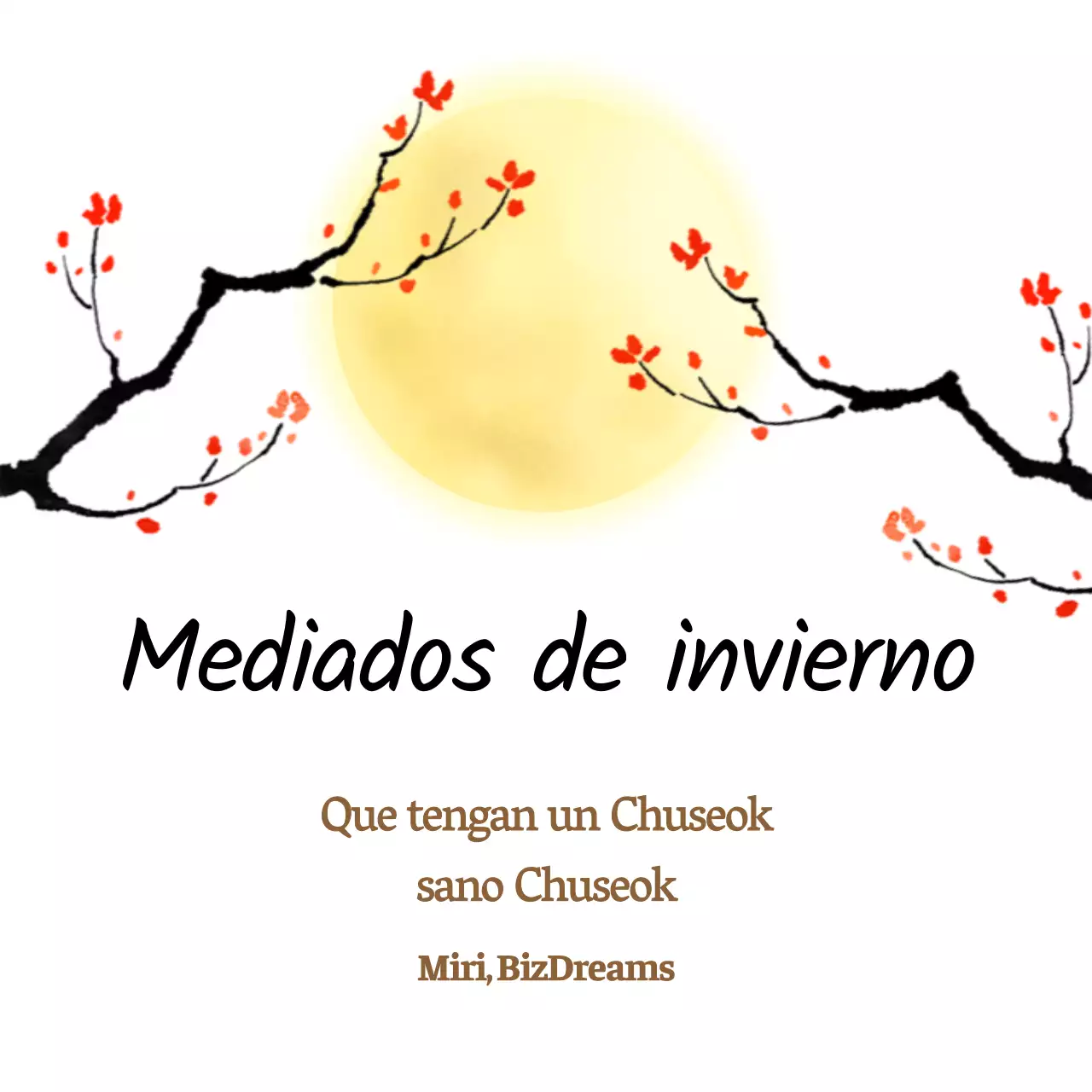 Felicitación de mediados de otoño con una luna llena amarilla y un árbol en flor rojo sobre fondo blanco