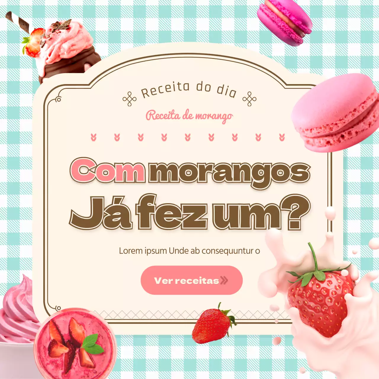 Uma coleção de receitas de morangos giras em cor-de-rosa e menta