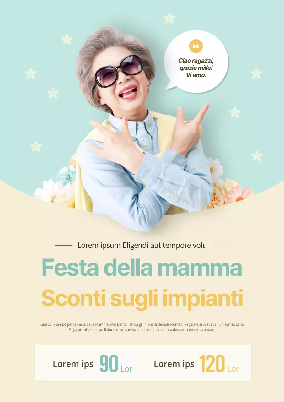Vendita impianto per la festa della mamma con foto sorridenti in giallo e azzurro