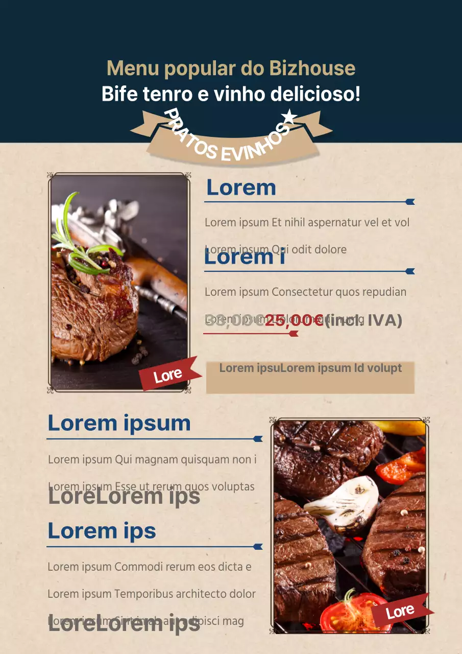 Promova eventos e menus com fotografias nítidas de bifes em azul-marinho e marfim.