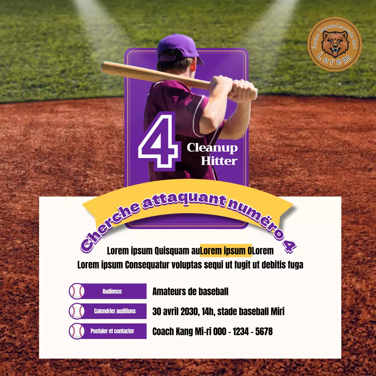 Un concept de carte de jeu de baseball violet et jaune avec un frappeur numéro quatre.