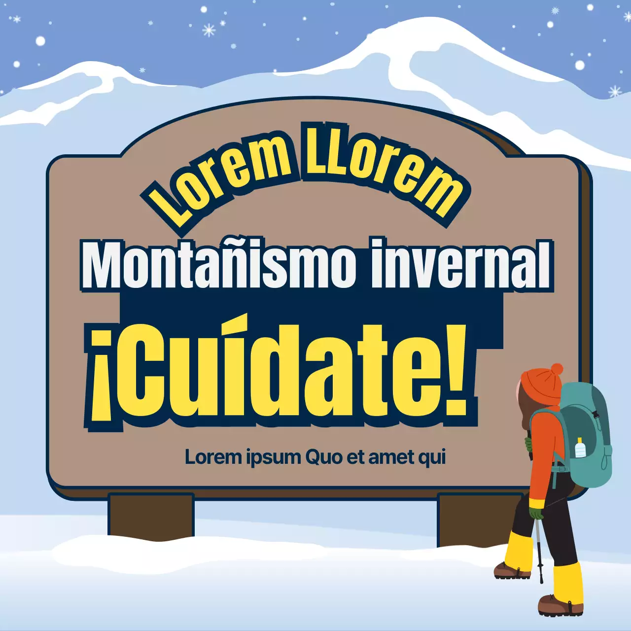 Seguridad invernal en montaña con señales granate y azul claro