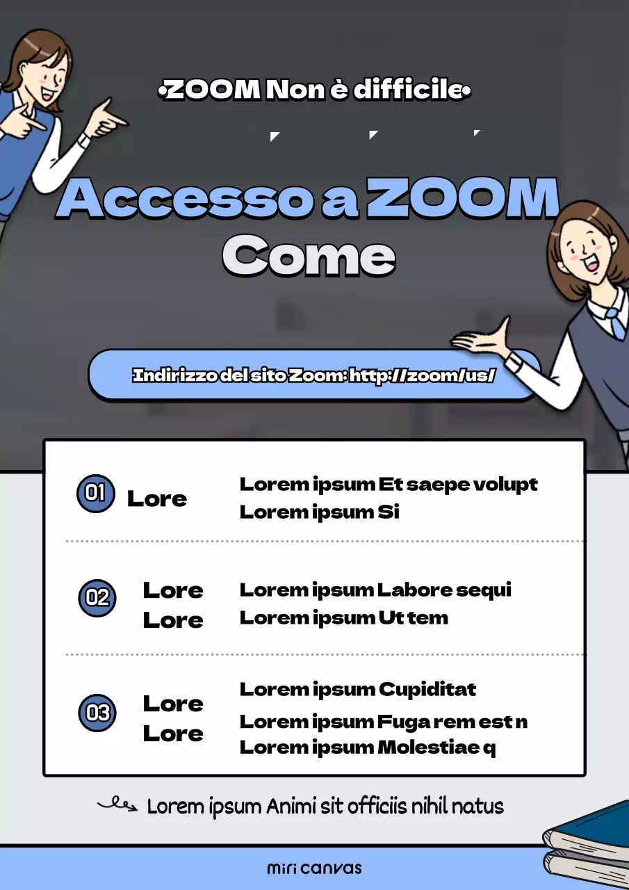 Un'aula pulita con illustrazioni di persone in arancione e blu