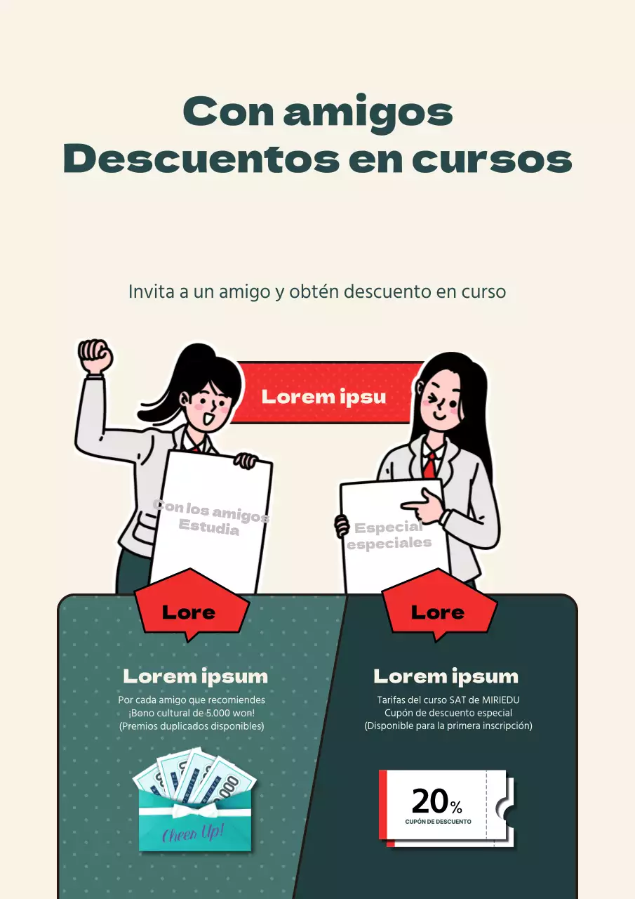 Promocione el evento de descuento en la matrícula de su centro con ilustraciones de estudiantes en marfil y verde azulado