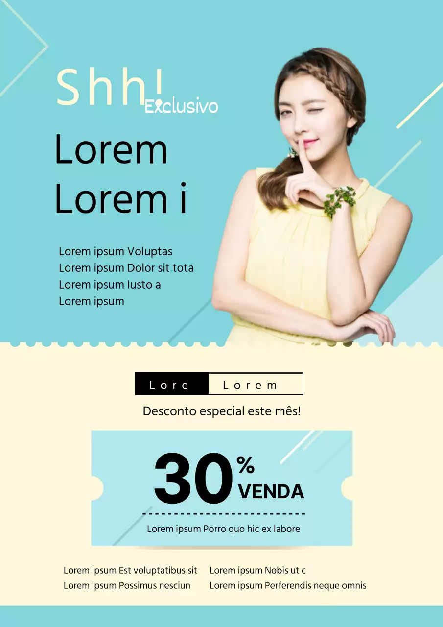 Anúncio de evento de cupão de desconto de centro comercial de vestuário de senhora moderno azul claro e amarelo