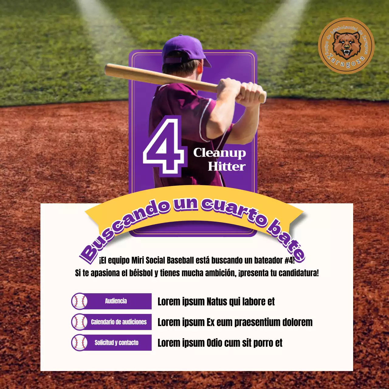 Un concepto de tarjeta de juego de béisbol morada y amarilla con un bateador número cuatro.