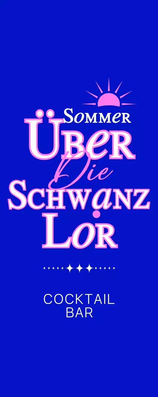 Werbung für eine Cocktailbar mit einer blau-rosa Sonnenillustration