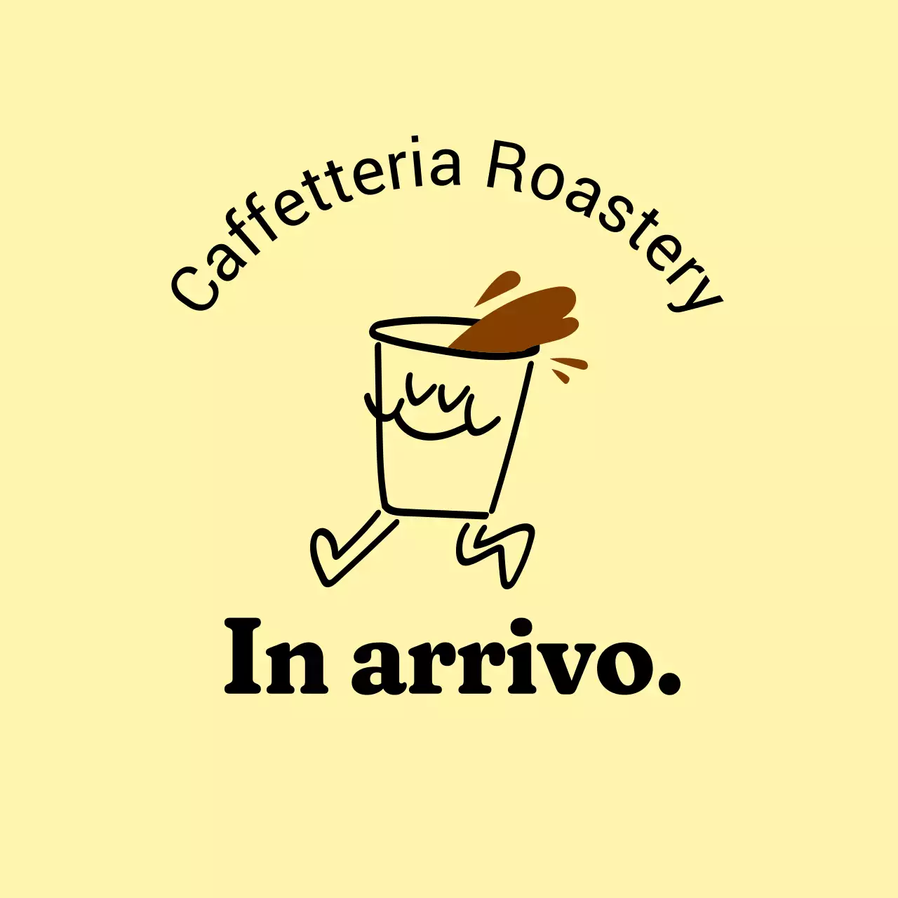 Insegna calda e accogliente in giallo chiaro e nero, con testo relativo al caffè e illustrazioni di personaggi a forma di caffè.