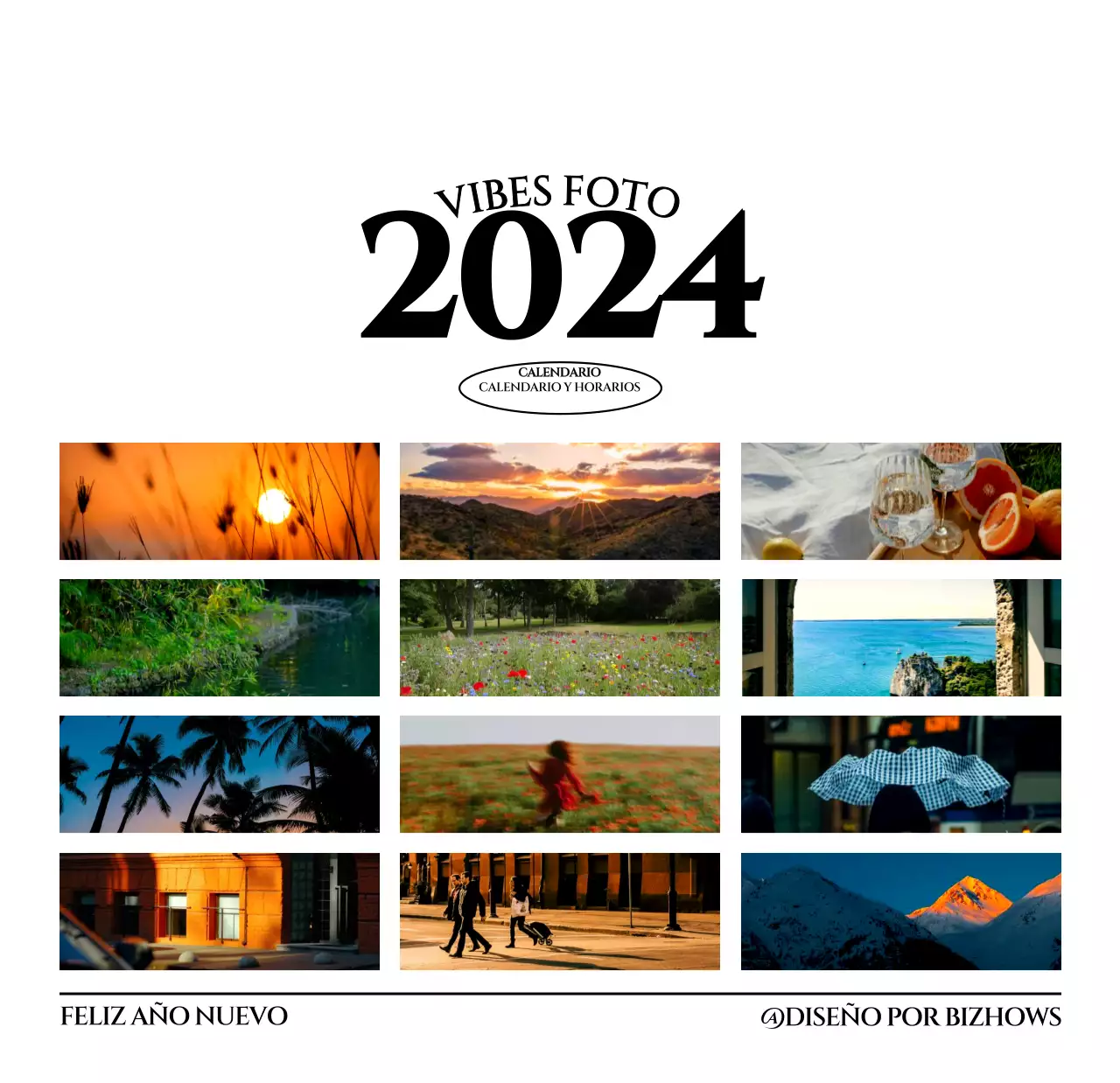 Calendario de pared de estilo sencillo con concepto de fotografía de viajes emocional en blanco y negro