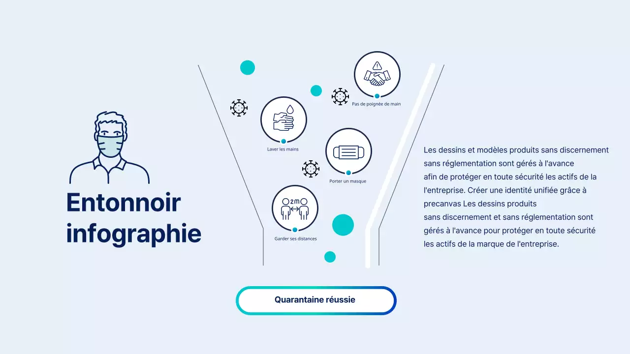 Infographie en forme d'entonnoir avec coronavirus bleu et bleu clair illustration linéaire