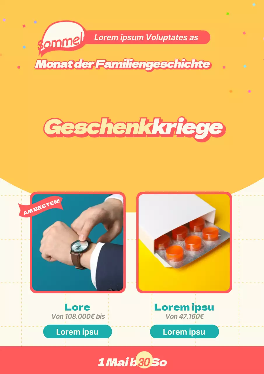 Bewerben Sie einen Super-Frühbucherrabatt für den Monat Mai mit einer gelben Illustration einer Person und einem Bild eines Geschenks
