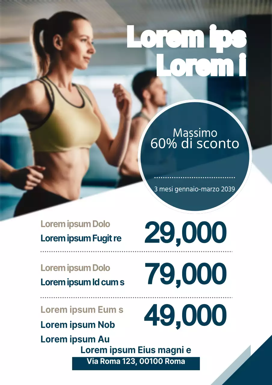 Volantino per eventi di fitness semplice e scontato in blu navy e bianco