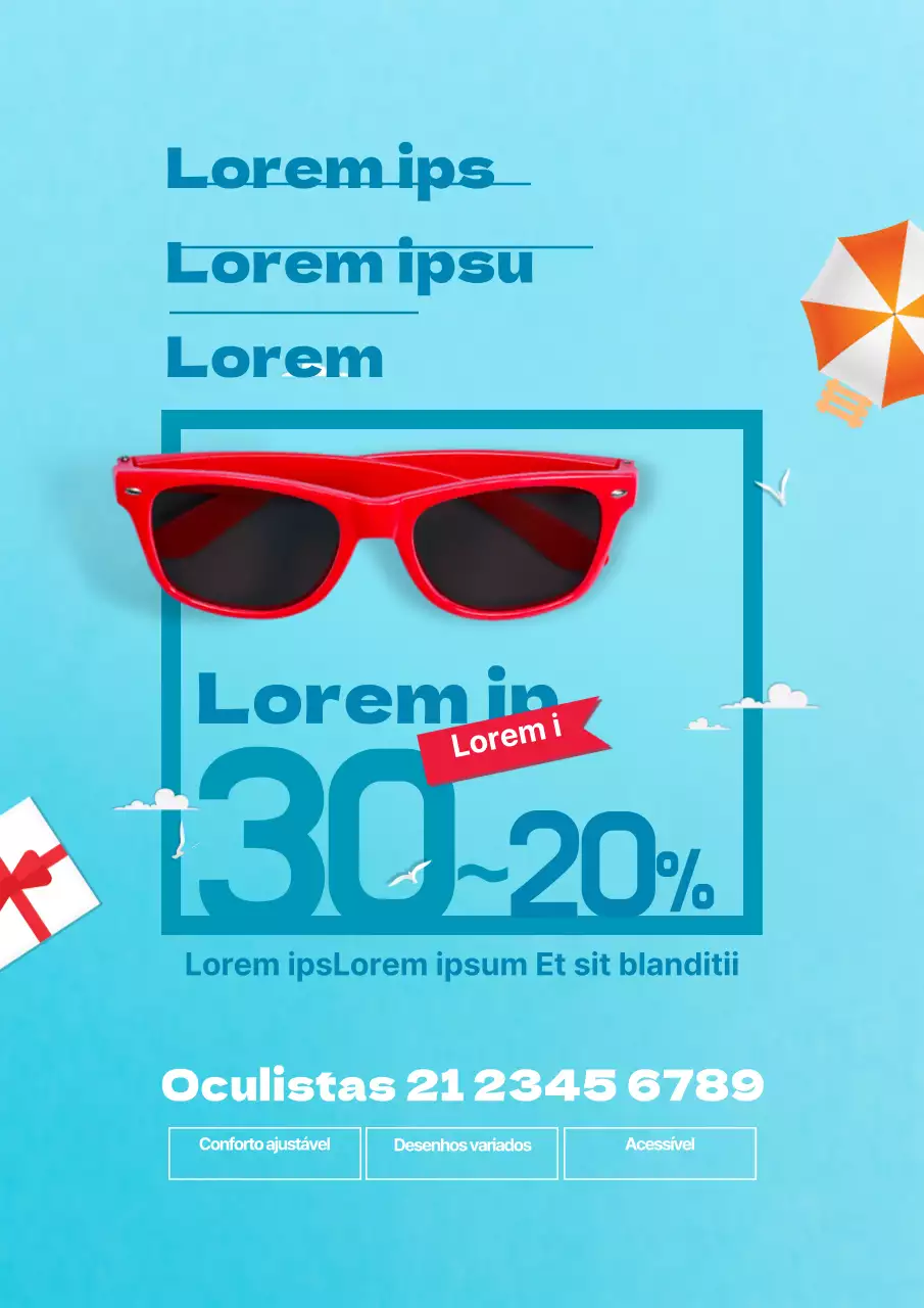 Óculos de sol de verão elegantes em azul claro folheto do evento