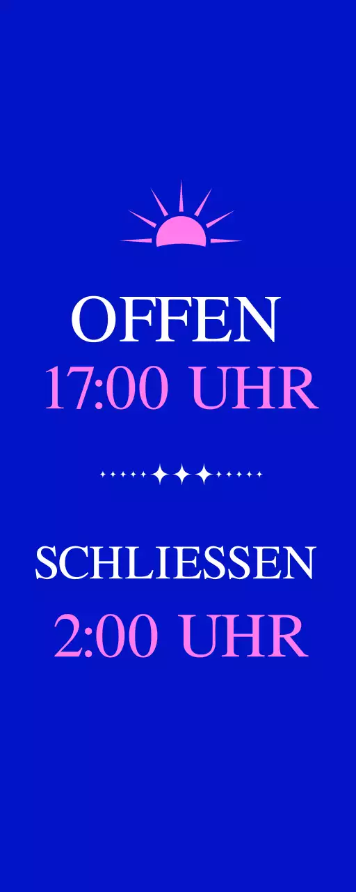 Werbung für eine Cocktailbar mit einer blau-rosa Sonnenillustration