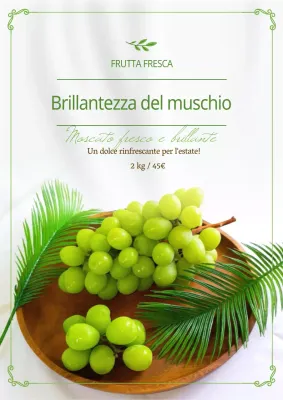 Manifesto promozionale del moscato verde e semplice, che risplende di frutta estiva