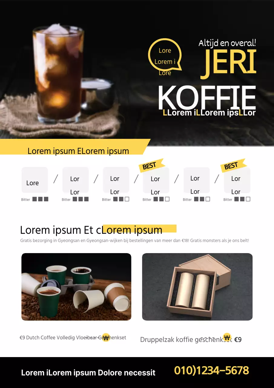 Flyer voor druppelkoffie met beschrijvingen van gele koffiesoorten en foto's van koffie