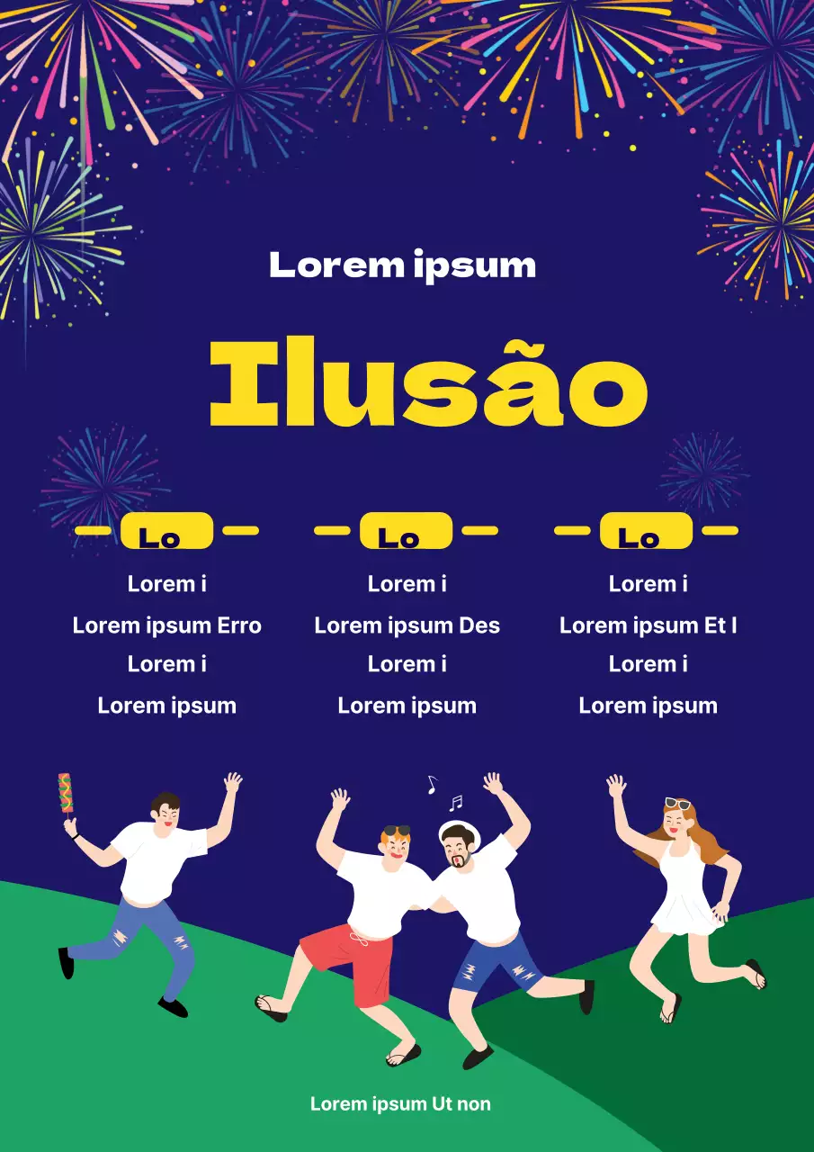 Anúncio e promoção do programa do festival universitário com ilustração de pessoas sodomizadas a divertirem-se