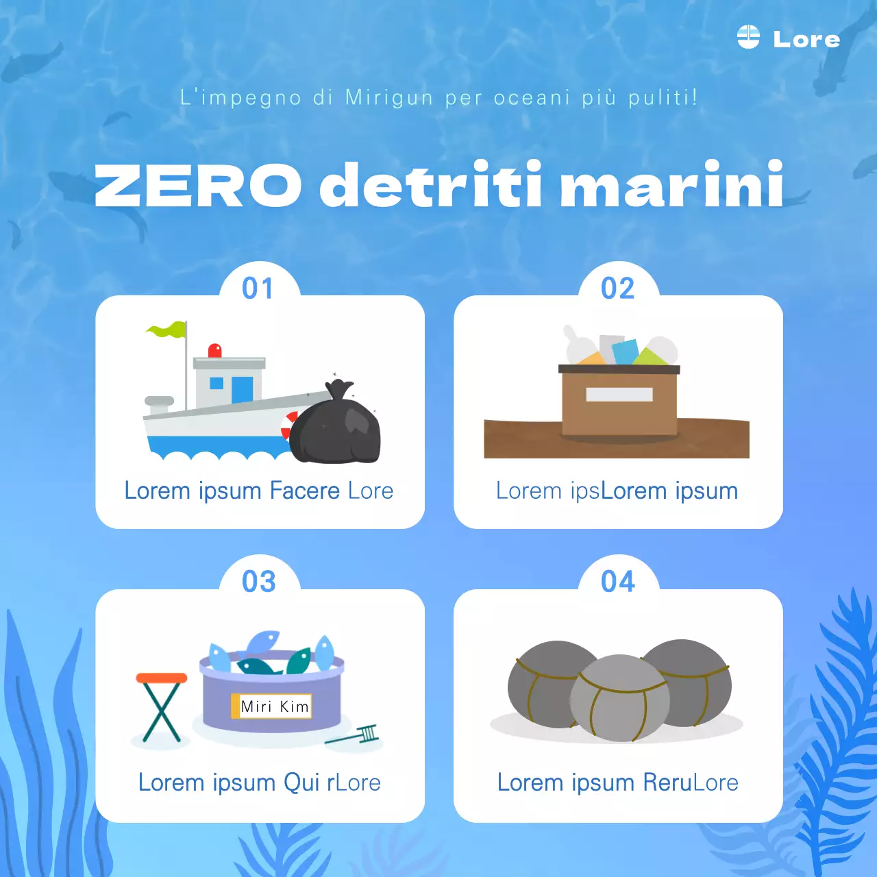 Detriti marini nel feed Instagram blu mare