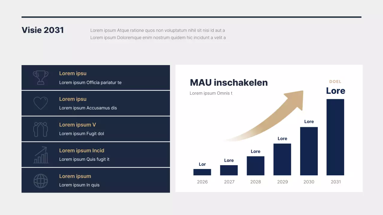 Presentatie voor eindejaarsprestatierapportage in marineblauw-goud