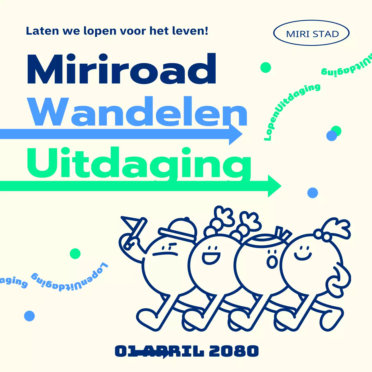 Promoot een lentewandeling met blauwe en groene letters en een schattige uitstraling