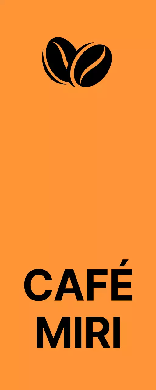 Eenvoudige uithangborden met oranje-zwart-witte Miricafe-tekst en bonenillustraties