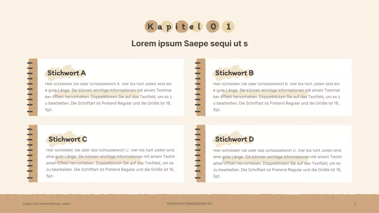 Präsentationsmappe mit gefühlvollen handgezeichneten Buchillustrationen in Braun und Grün