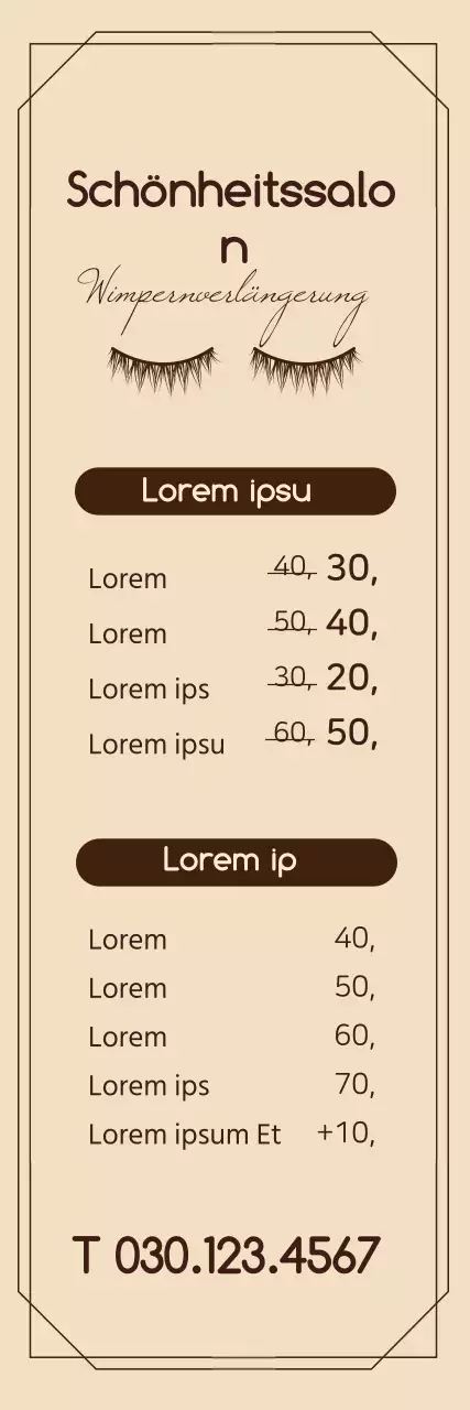 Saubere Speisekarte eines Schönheitssalons mit braunen Illustrationen