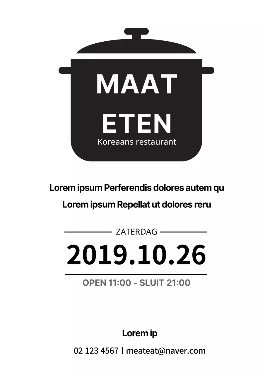 Eenvoudige openingsfolder voor restaurant in wit en zwart