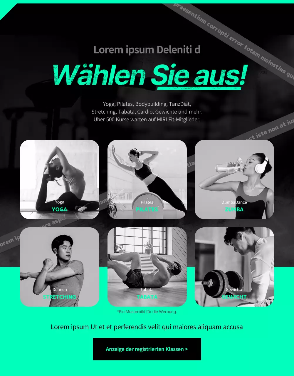 Sportlicher schwarzer und mintfarbener App-Service für das Heimtraining